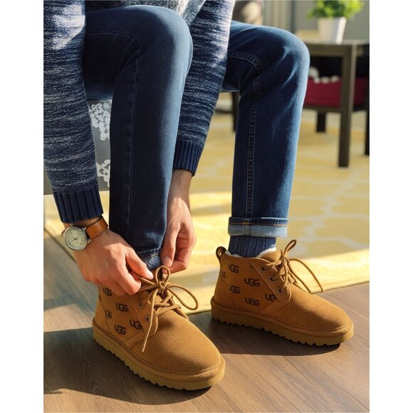 UGG Neumel Embossed All Over Logo Chukka Boots Chestnut Brown Suede MENS Size 10 - Picture 1 of 12